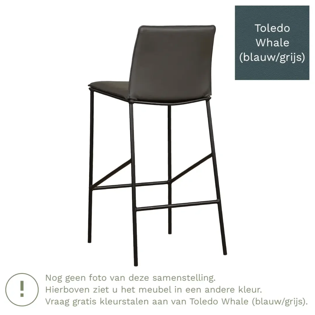 afbeelding van Leren barkruk hoog Favor - Toledo Whale (blauw/grijs) - poten staal rond zwart