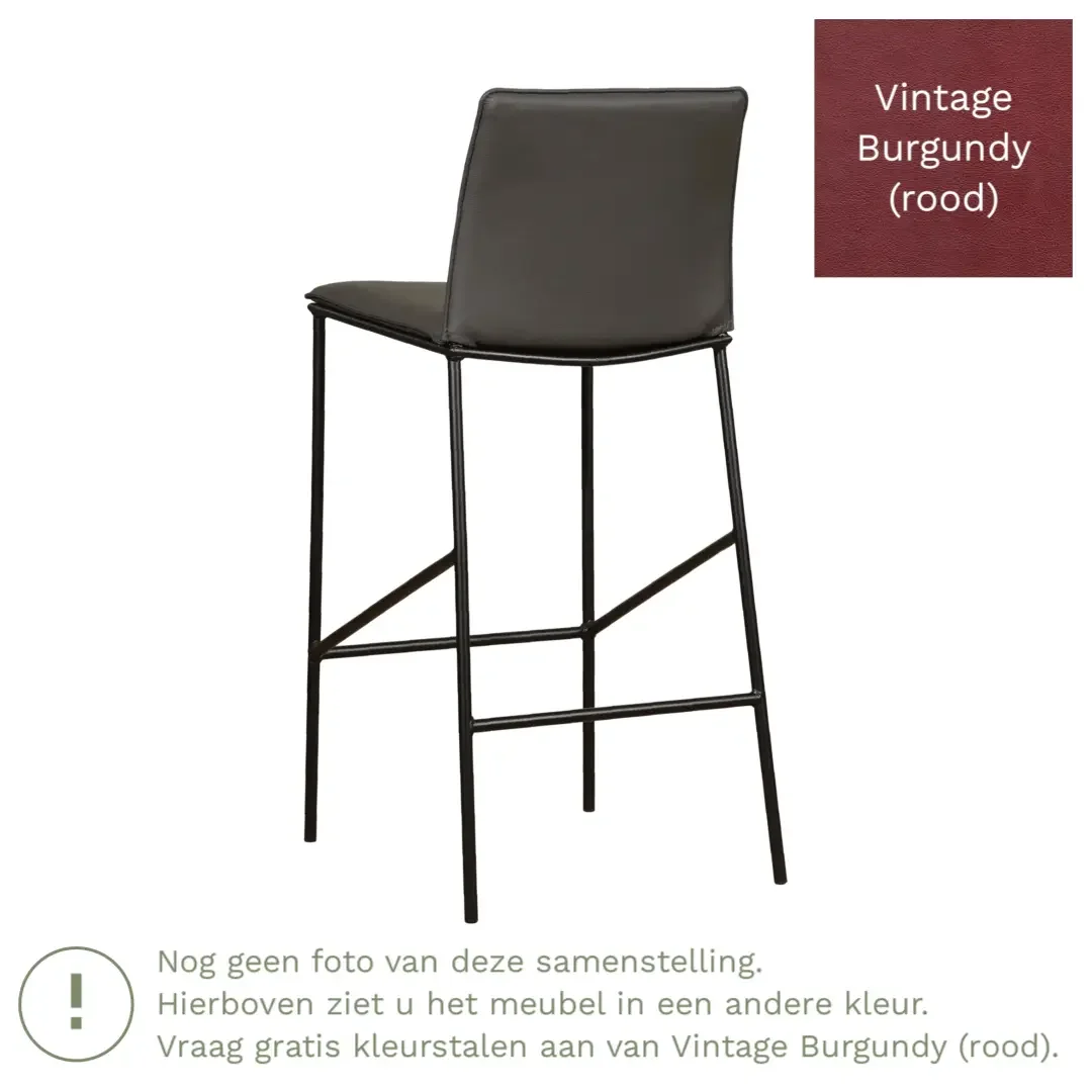 afbeelding van Leren barkruk hoog Favor - Vintage Burgundy (rood) - poten staal rond zwart