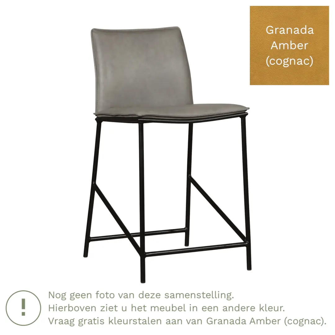 afbeelding van Leren barkruk Favor laag - Poten staal rond zwart