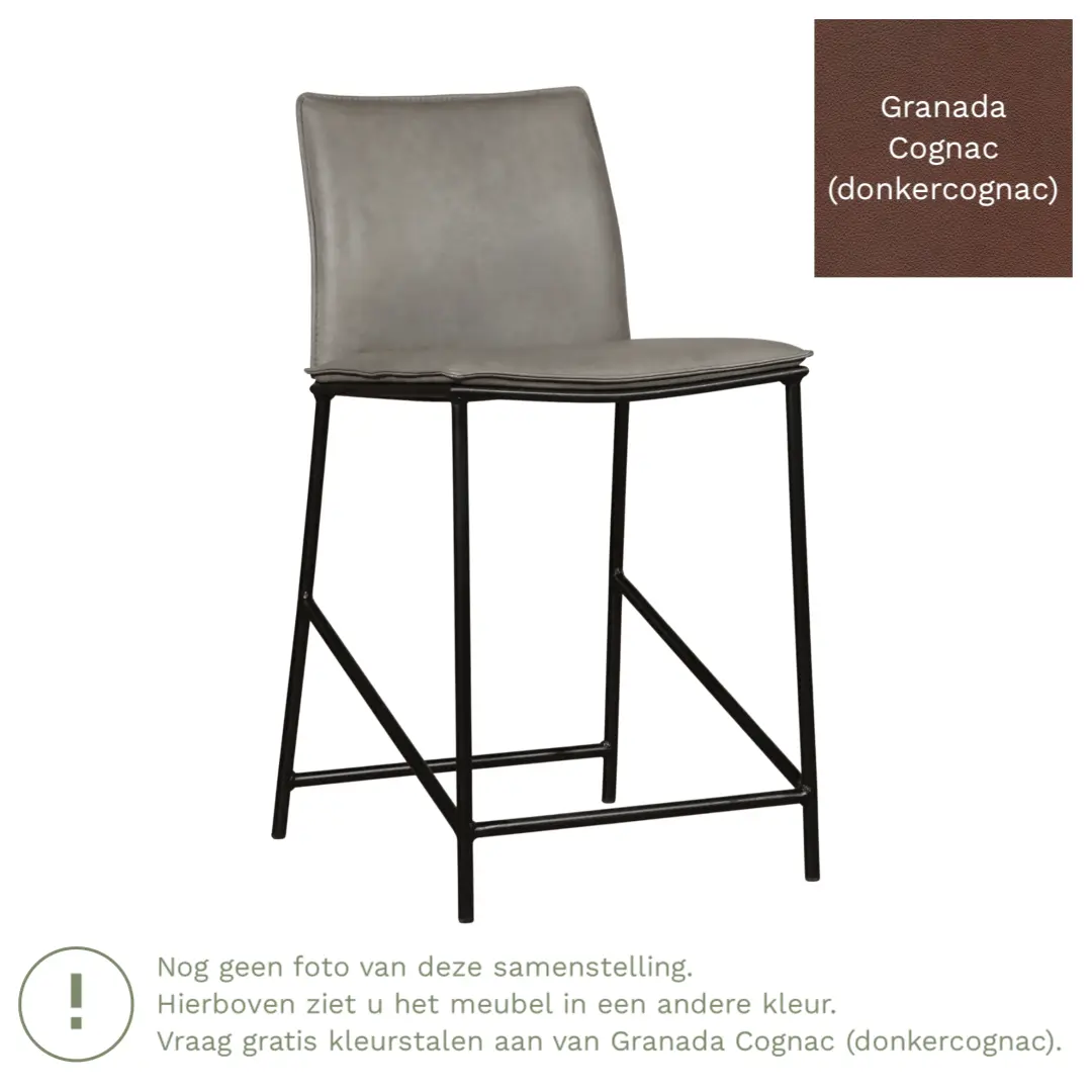 afbeelding van Leren barkruk Favor laag - Poten staal rond zwart