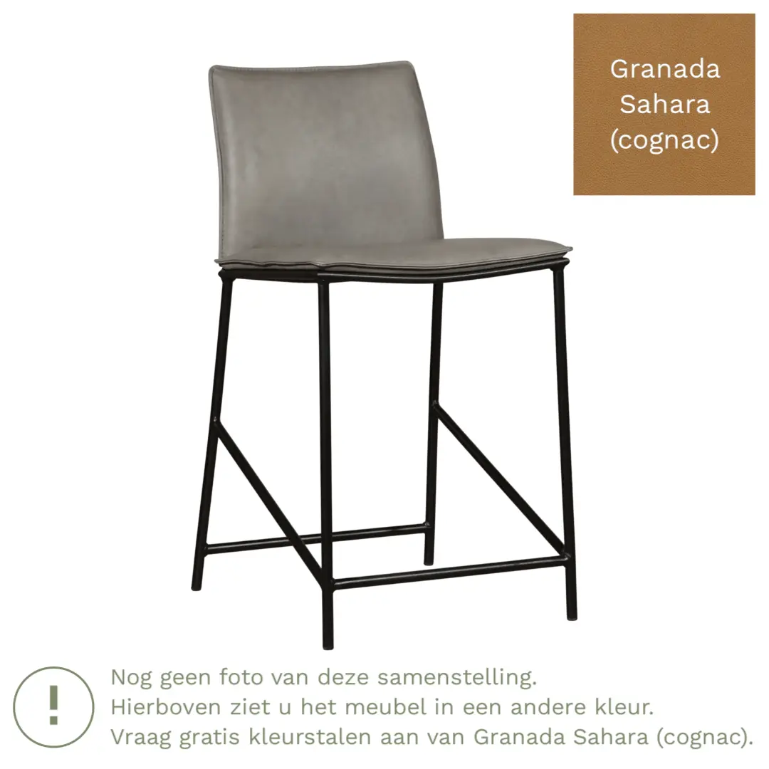 afbeelding van Leren barkruk Favor laag - Poten staal rond zwart