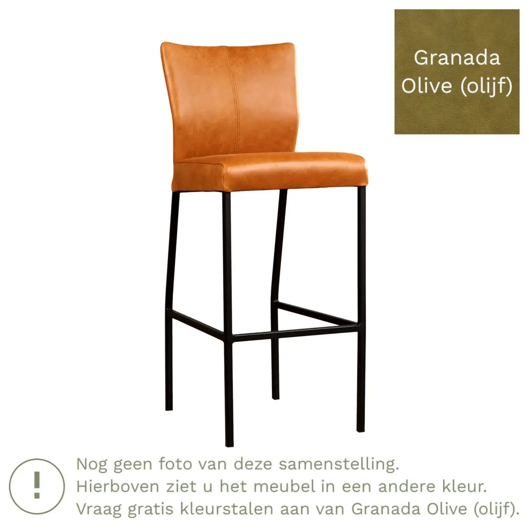 afbeelding van Leren barkruk Revolt hoog - Granada Olive (olijf) - Poten staal vierkant RVS