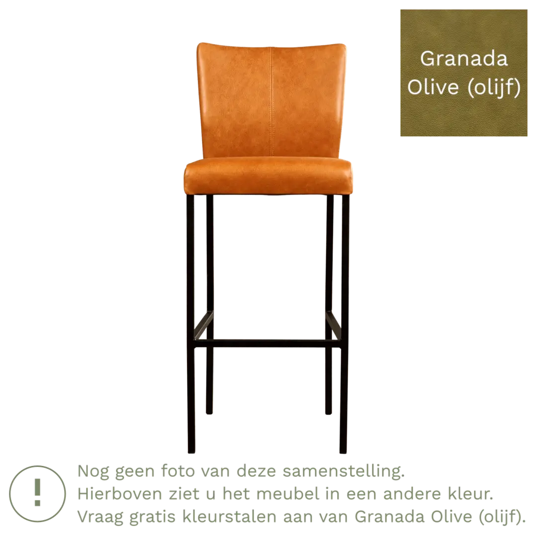 afbeelding van Leren barkruk Revolt hoog - Granada Olive (olijf) - Poten staal vierkant RVS