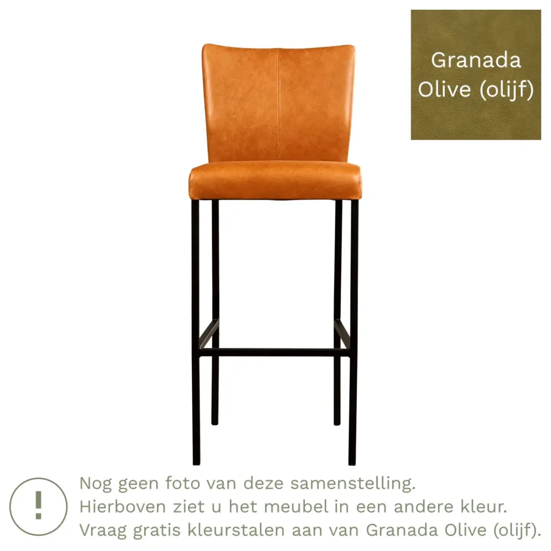 afbeelding van Leren barkruk Revolt hoog - Granada Olive (olijf) - Poten staal vierkant zwart