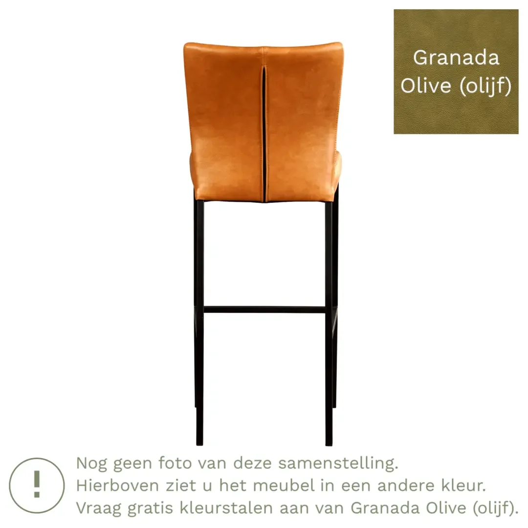 afbeelding van Leren barkruk Revolt hoog - Granada Olive (olijf) - Poten staal vierkant zwart