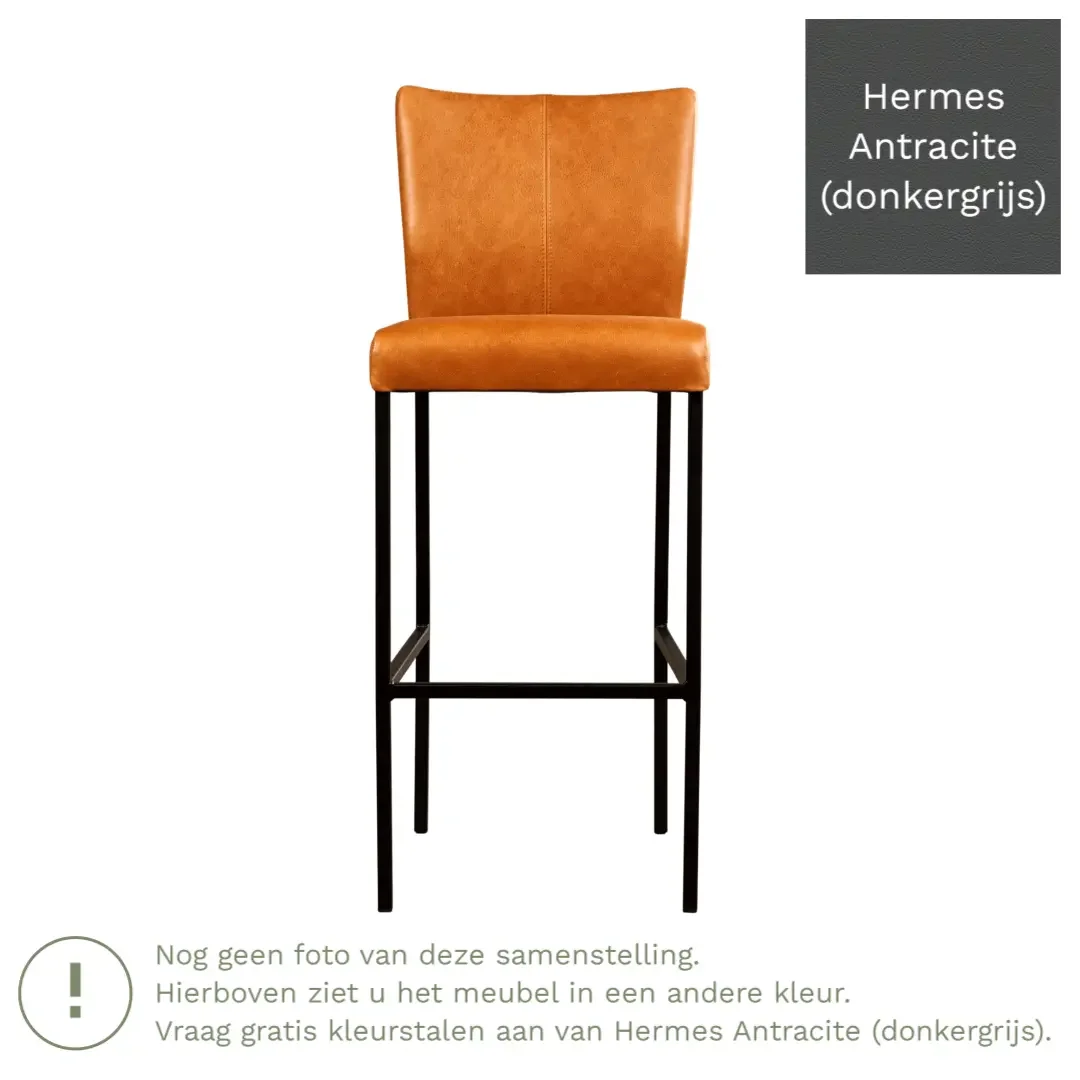 afbeelding van Leren barkruk Revolt hoog - Hermes Antracite (donkergrijs) - Poten staal vierkant RVS