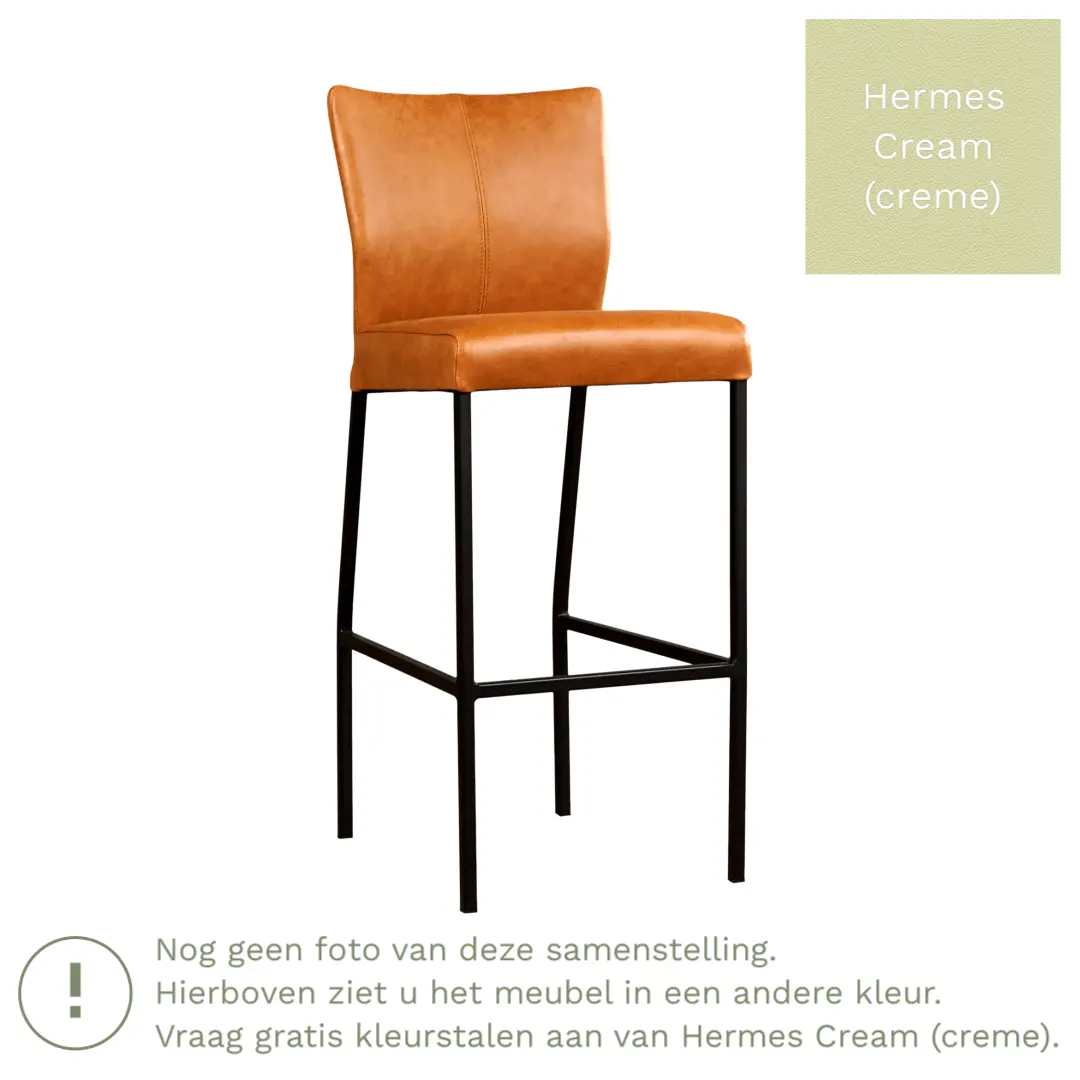 afbeelding van Leren barkruk Revolt hoog - Hermes Cream (crème) - Poten staal vierkant zwart