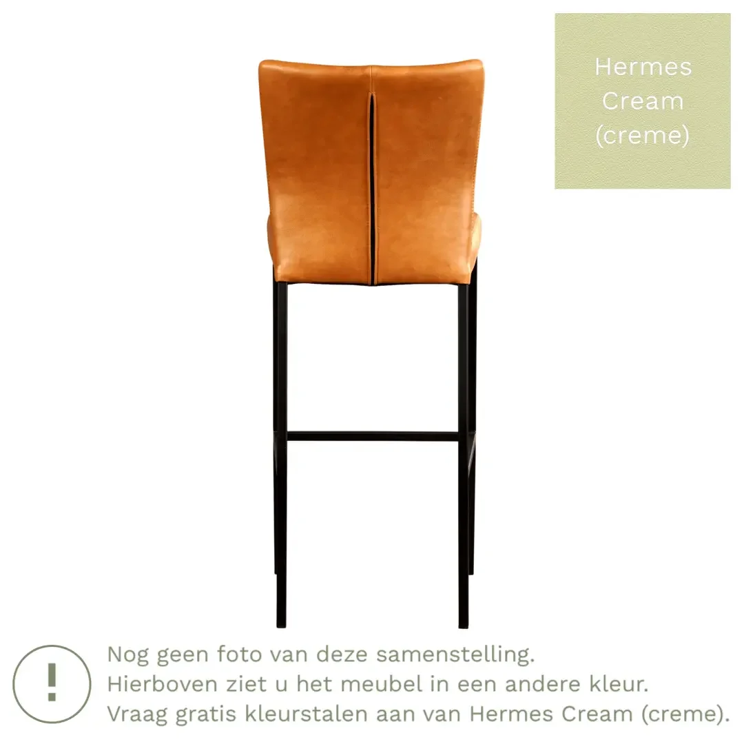 afbeelding van Leren barkruk Revolt hoog - Hermes Cream (crème) - Poten staal vierkant zwart