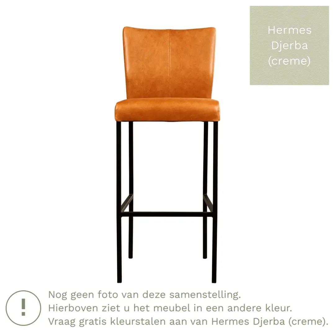 afbeelding van Leren barkruk Revolt hoog - Hermes Djerba (crème) - Poten staal vierkant RVS
