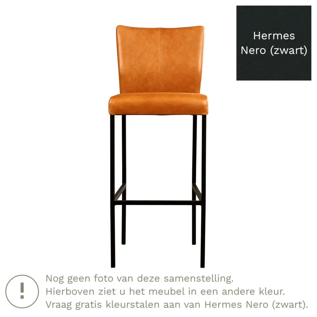 afbeelding van Leren barkruk Revolt hoog - Hermes Nero (zwart) - Poten staal vierkant zwart