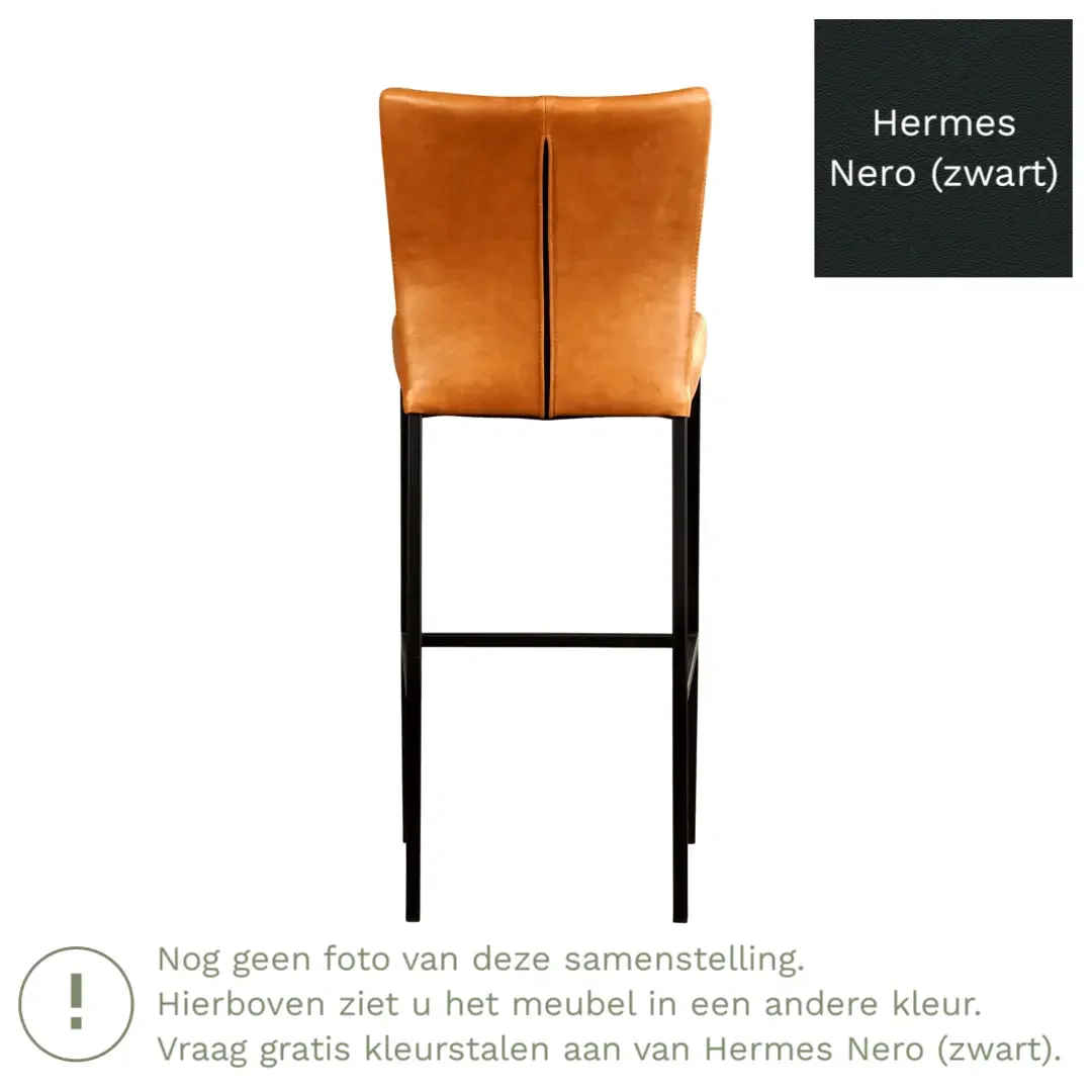 afbeelding van Leren barkruk Revolt hoog - Hermes Nero (zwart) - Poten staal vierkant zwart