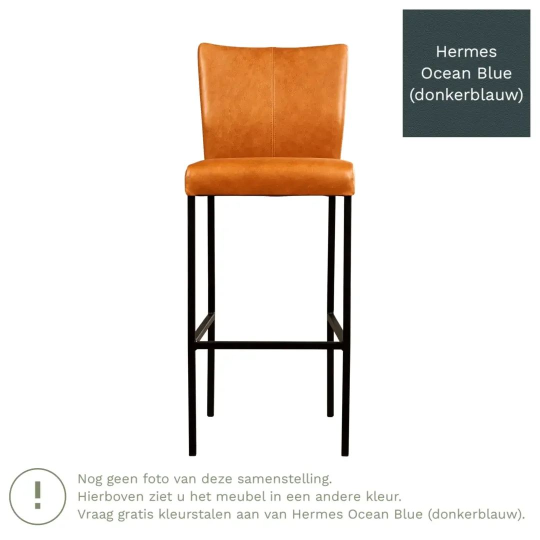 afbeelding van Leren barkruk Revolt hoog - Hermes Ocean Blue (donkerblauw) - Poten staal vierkant RVS