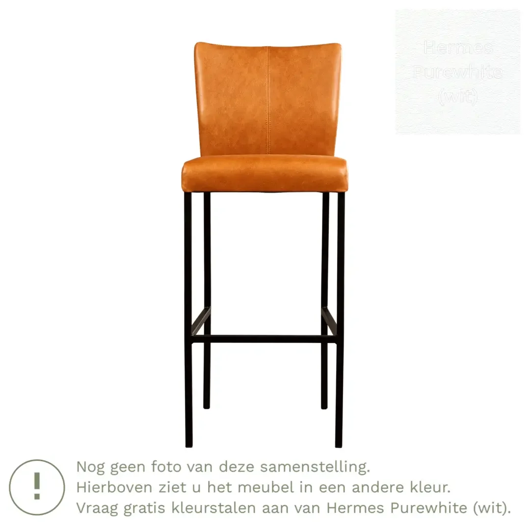 afbeelding van Leren barkruk Revolt hoog - Hermes Purewhite (wit) - Poten staal vierkant RVS