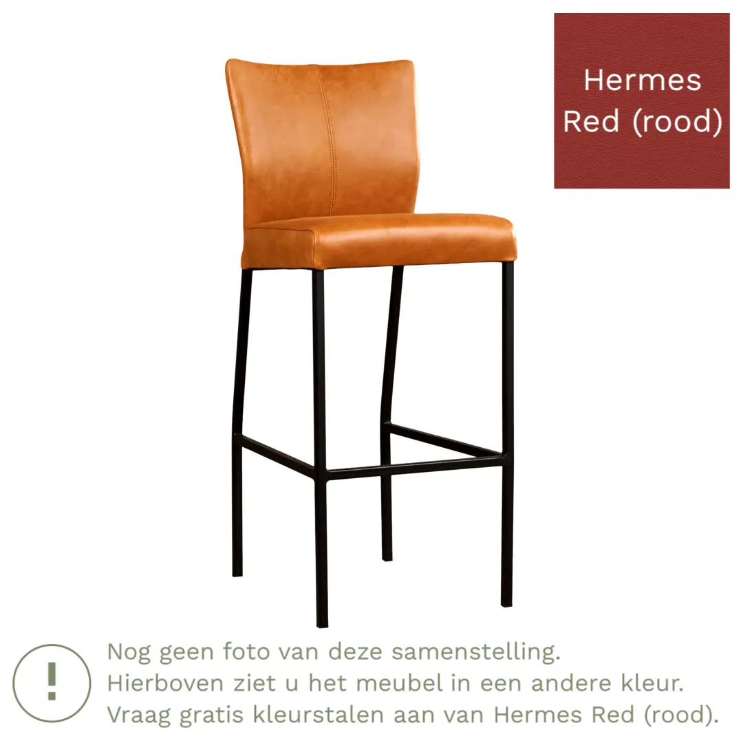afbeelding van Leren barkruk Revolt hoog - Hermes Red (rood) - Poten staal vierkant RVS