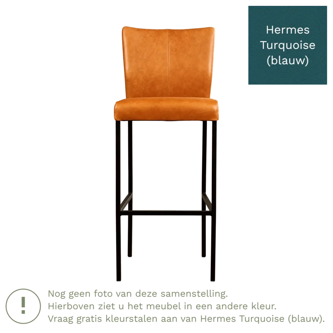 afbeelding van Leren barkruk Revolt hoog - Hermes Turquoise (blauw) - Poten staal vierkant RVS