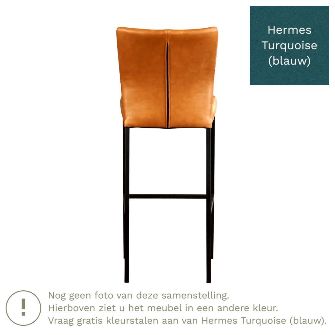 afbeelding van Leren barkruk Revolt hoog - Hermes Turquoise (blauw) - Poten staal vierkant RVS