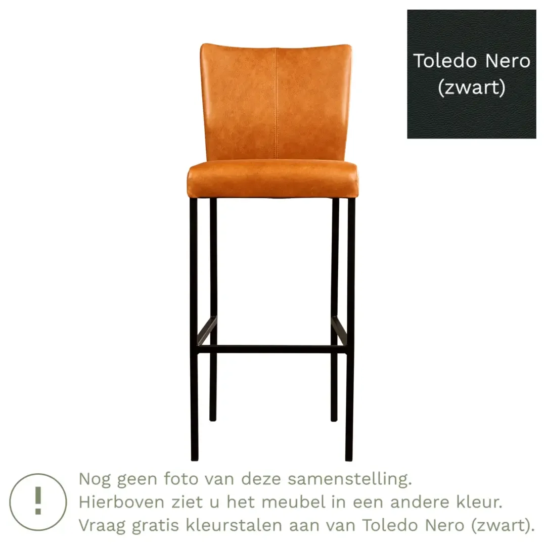 afbeelding van Leren barkruk Revolt hoog - Toledo Nero (zwart) - Poten staal vierkant RVS