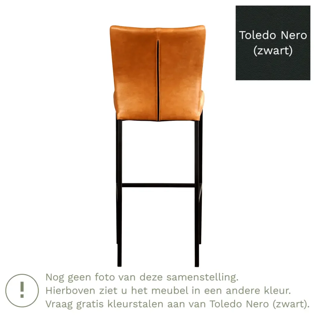 afbeelding van Leren barkruk Revolt hoog - Toledo Nero (zwart) - Poten staal vierkant RVS