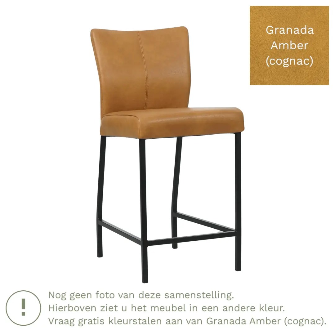 afbeelding van Leren barkruk Revolt laag - Granada Amber (cognac) - Poten staal vierkant zwart