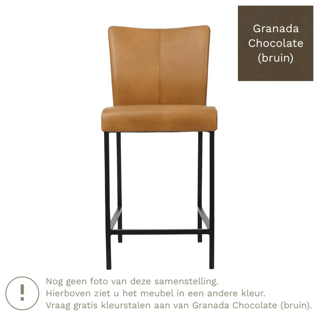 afbeelding van Leren barkruk Revolt laag - Granada Chocolate (bruin) - Poten staal vierkant zwart