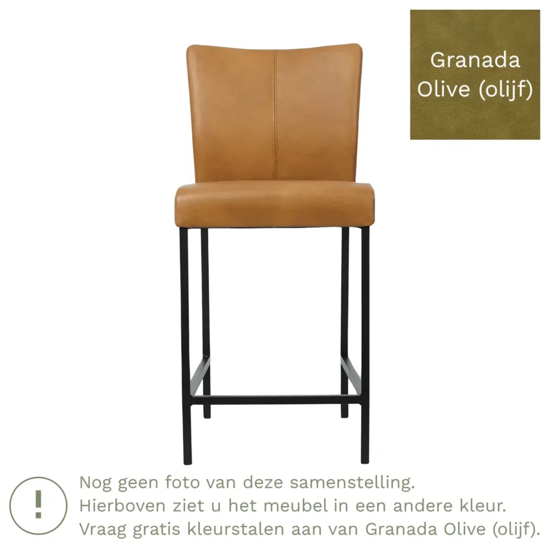 afbeelding van Leren barkruk Revolt laag - Granada Olive (olijf) - Poten staal vierkant RVS