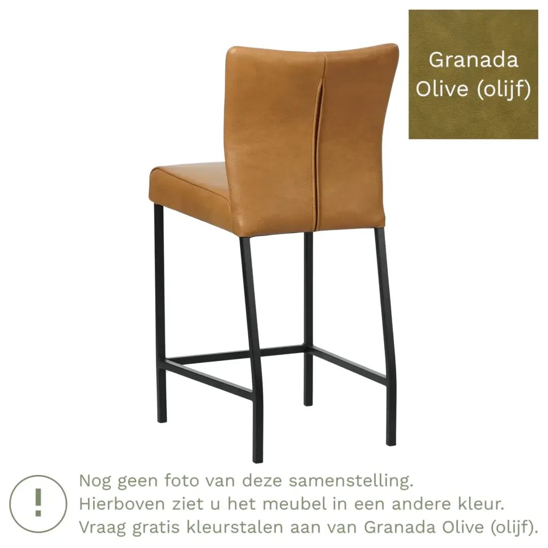 afbeelding van Leren barkruk Revolt laag - Granada Olive (olijf) - Poten staal vierkant RVS