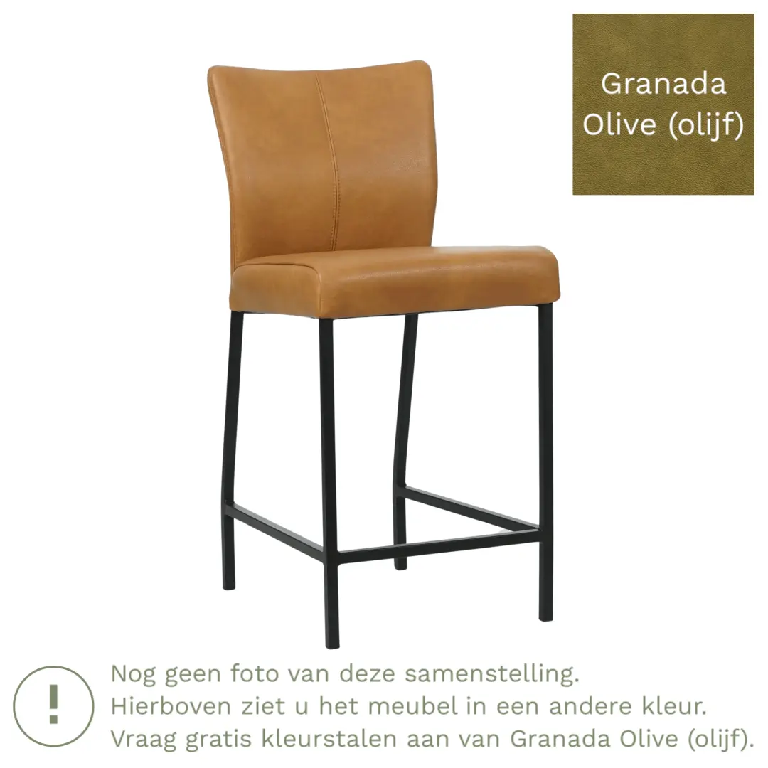 afbeelding van Leren barkruk Revolt laag - Granada Olive (olijf) - Poten staal vierkant zwart