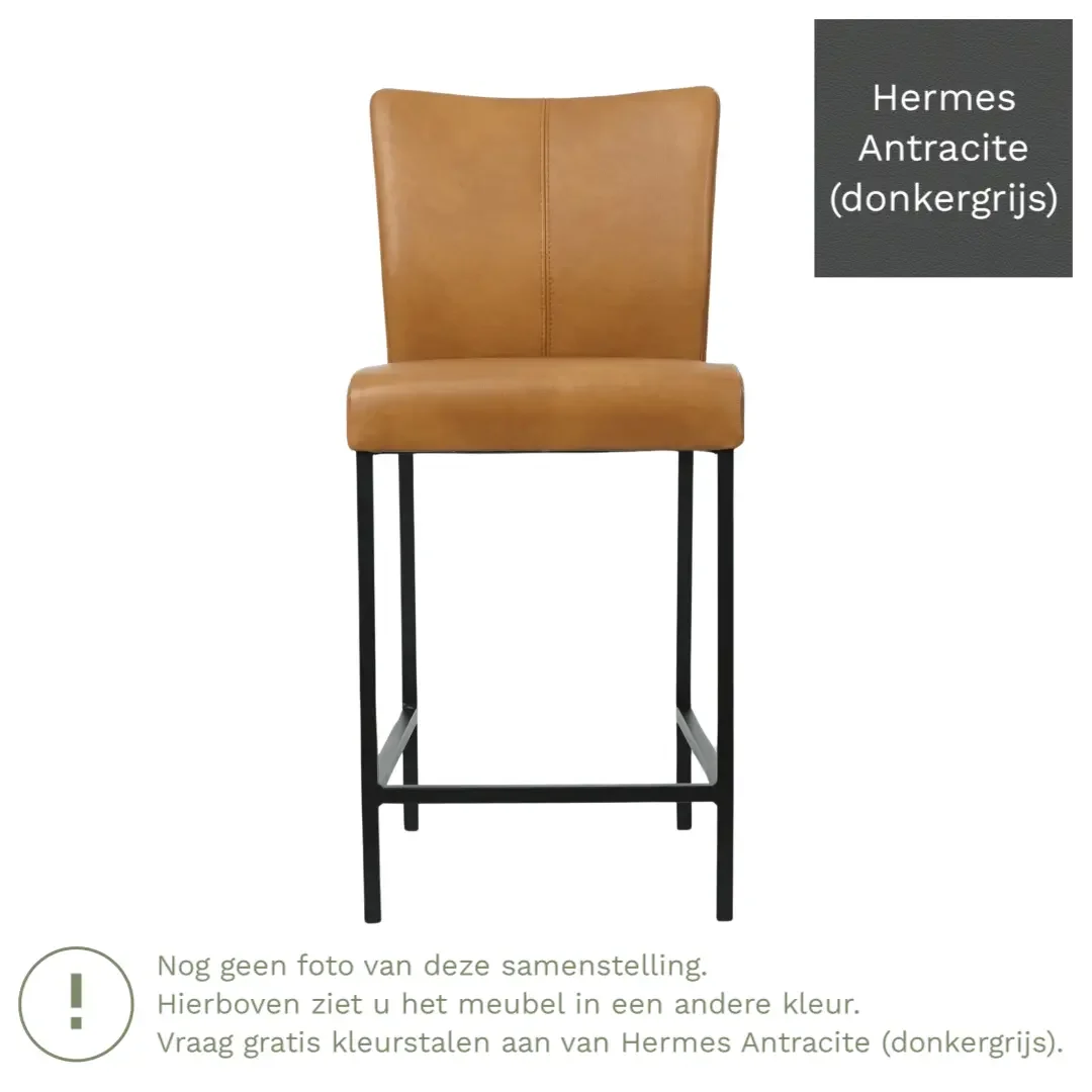 afbeelding van Leren barkruk Revolt laag - Hermes Antracite (donkergrijs) - Poten staal vierkant RVS