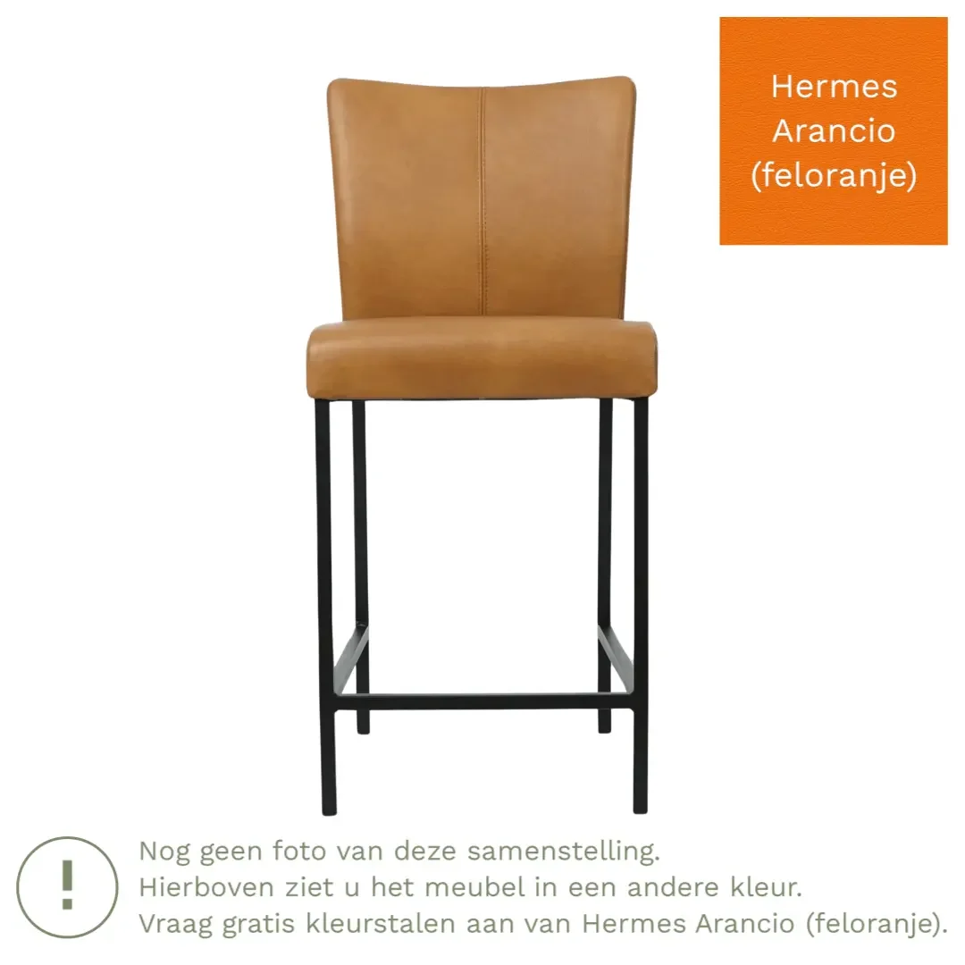 afbeelding van Leren barkruk Revolt laag - Hermes Arancio (feloranje) - Poten staal vierkant RVS