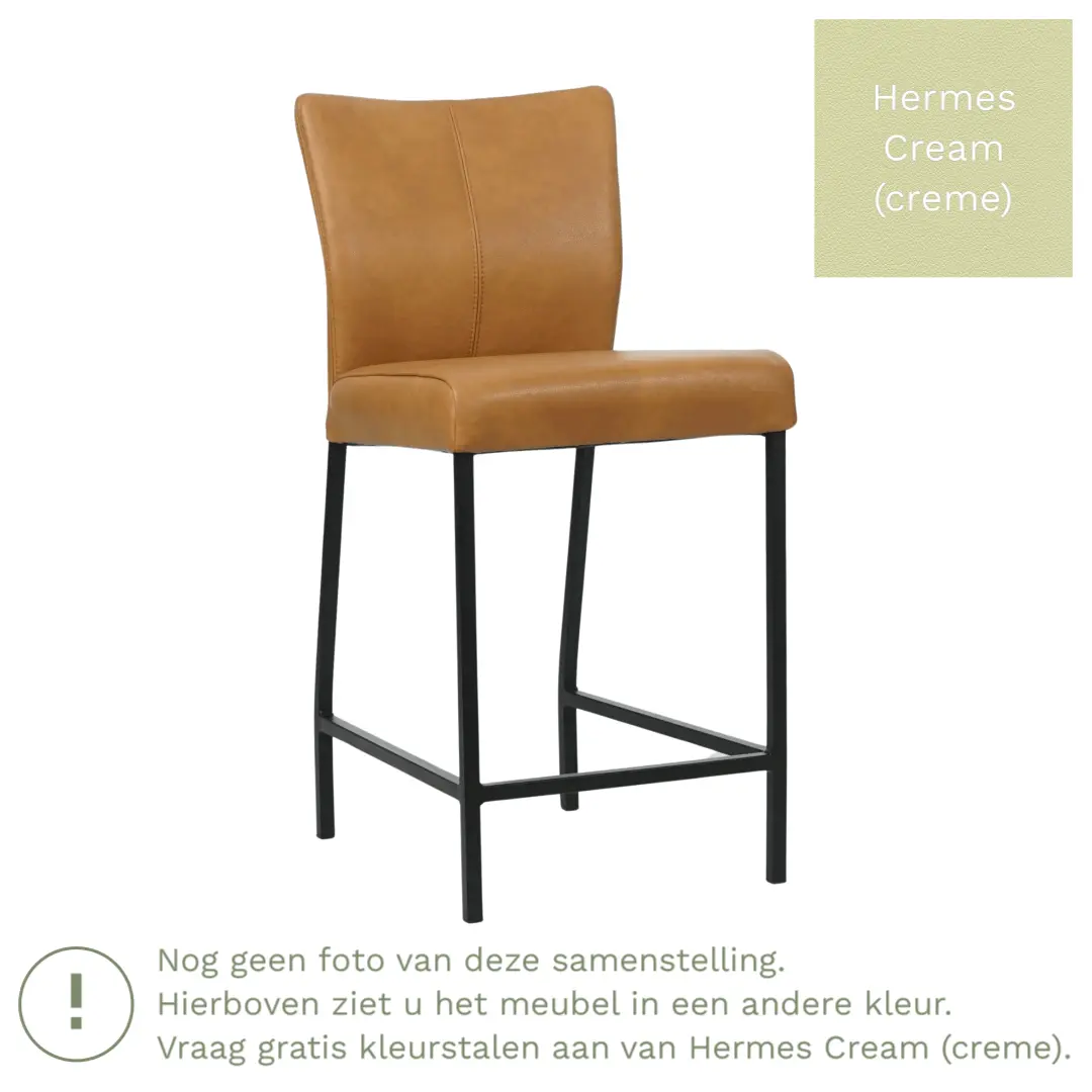 afbeelding van Leren barkruk Revolt laag - Hermes Cream (crème) - Poten staal vierkant zwart