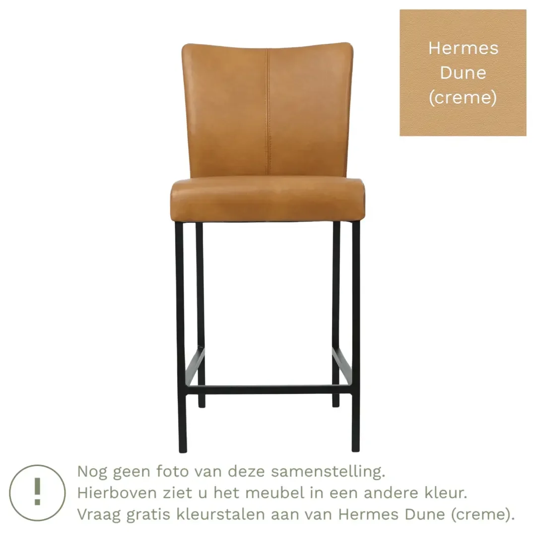 afbeelding van Leren barkruk Revolt laag - Hermes Dune (crème) - Poten staal vierkant zwart