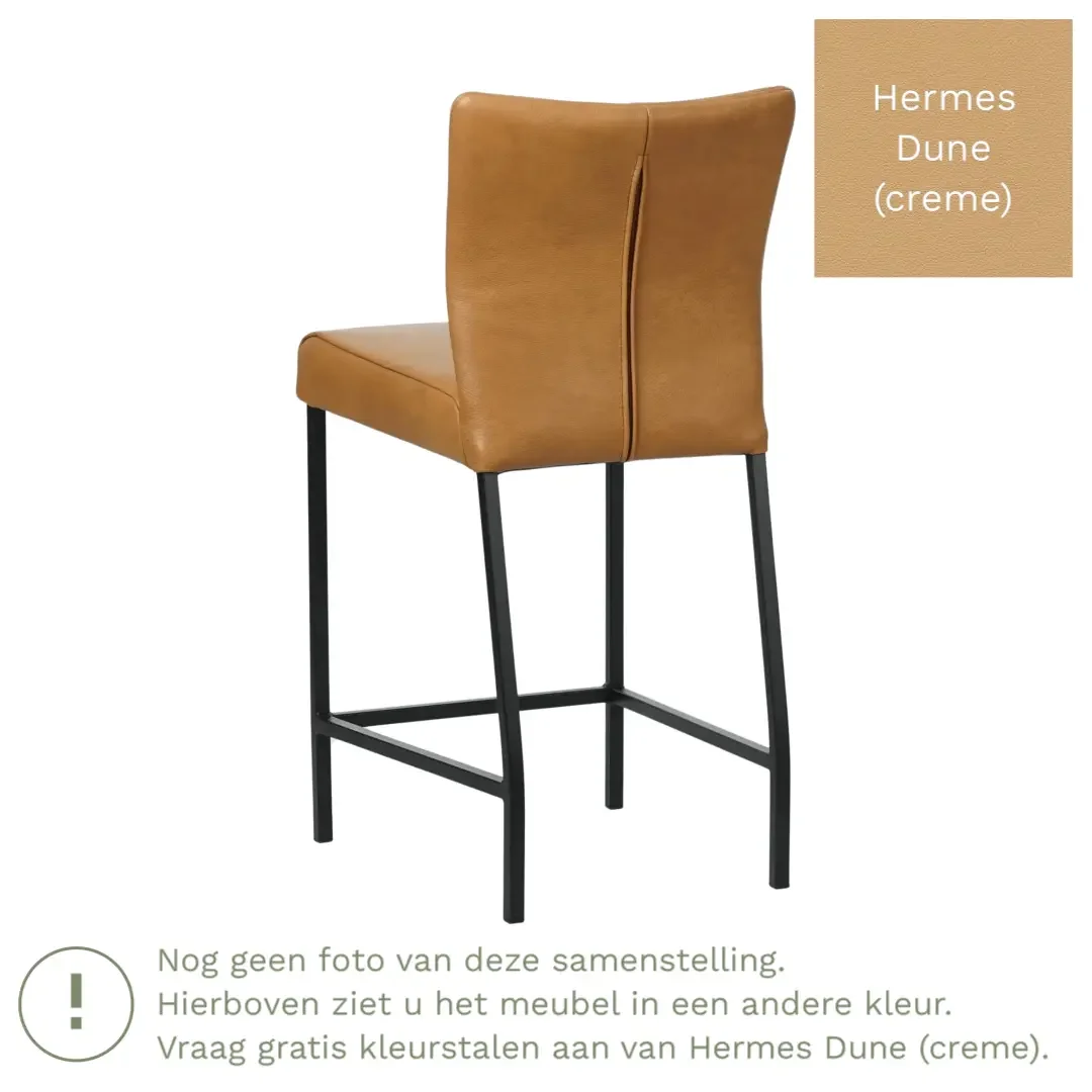 afbeelding van Leren barkruk Revolt laag - Hermes Dune (crème) - Poten staal vierkant zwart