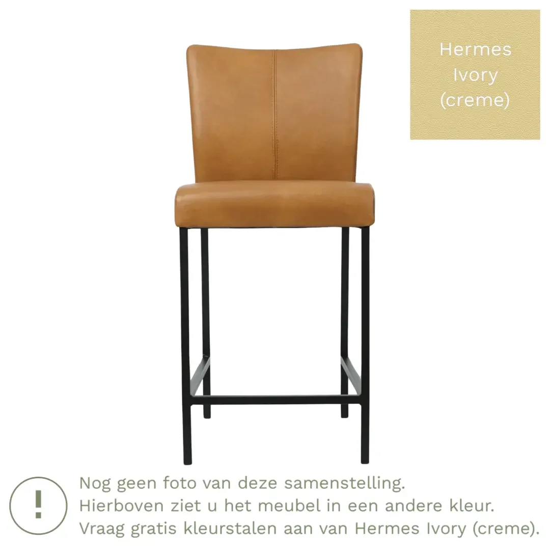 afbeelding van Leren barkruk Revolt laag - Hermes Ivory (crème) - Poten staal vierkant RVS
