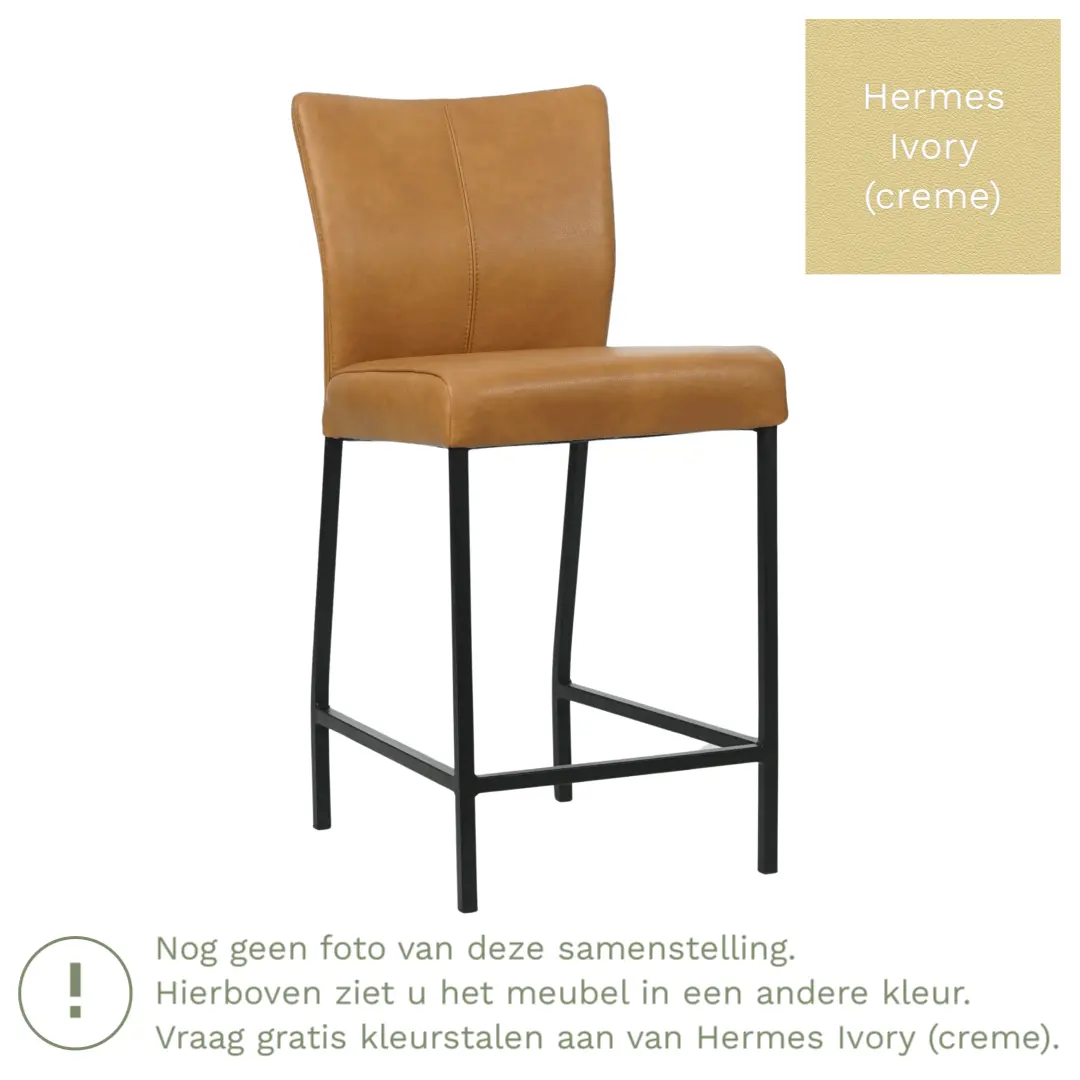 afbeelding van Leren barkruk Revolt laag - Hermes Ivory (crème) - Poten staal vierkant zwart