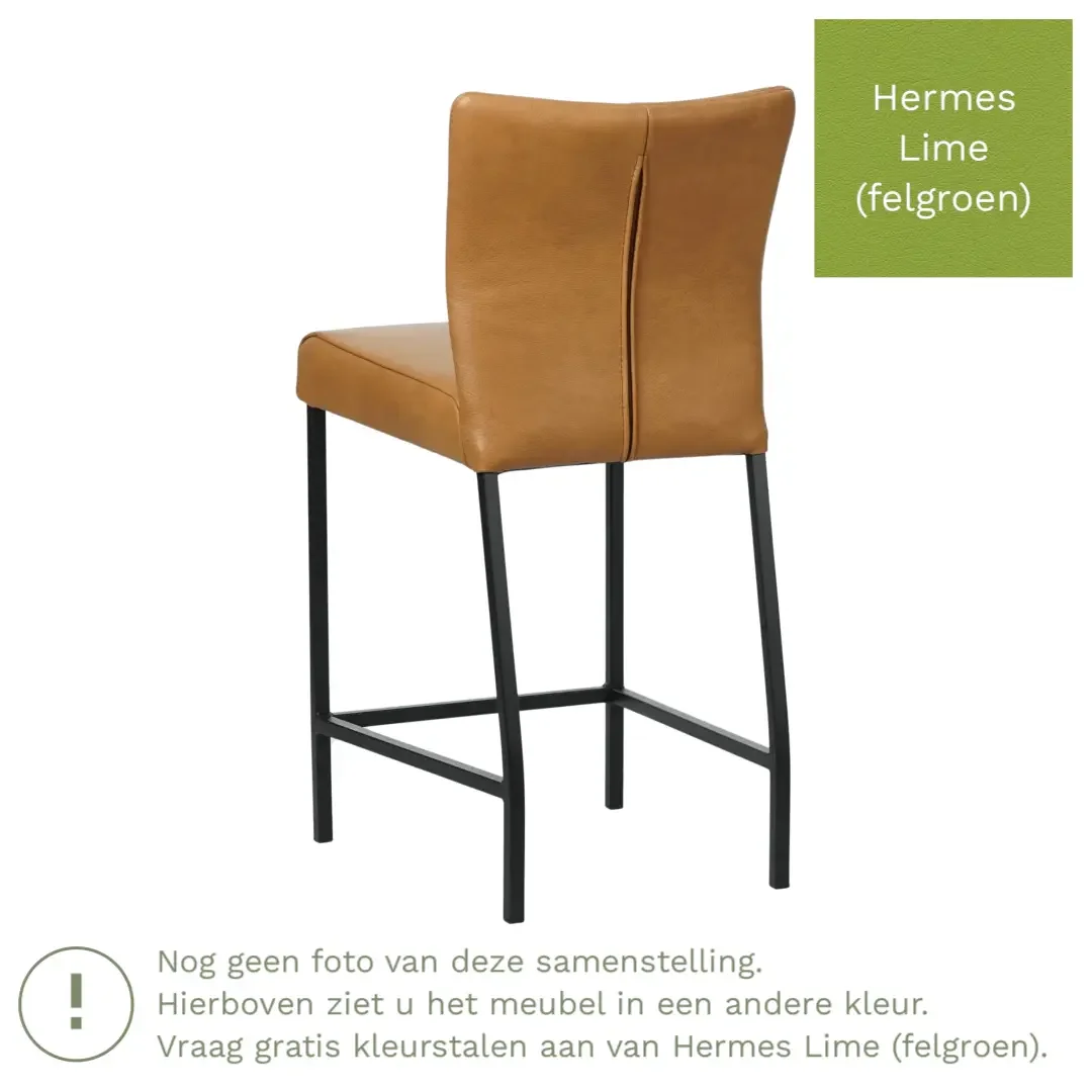 afbeelding van Leren barkruk Revolt laag - Hermes Lime (felgroen) - Poten staal vierkant RVS