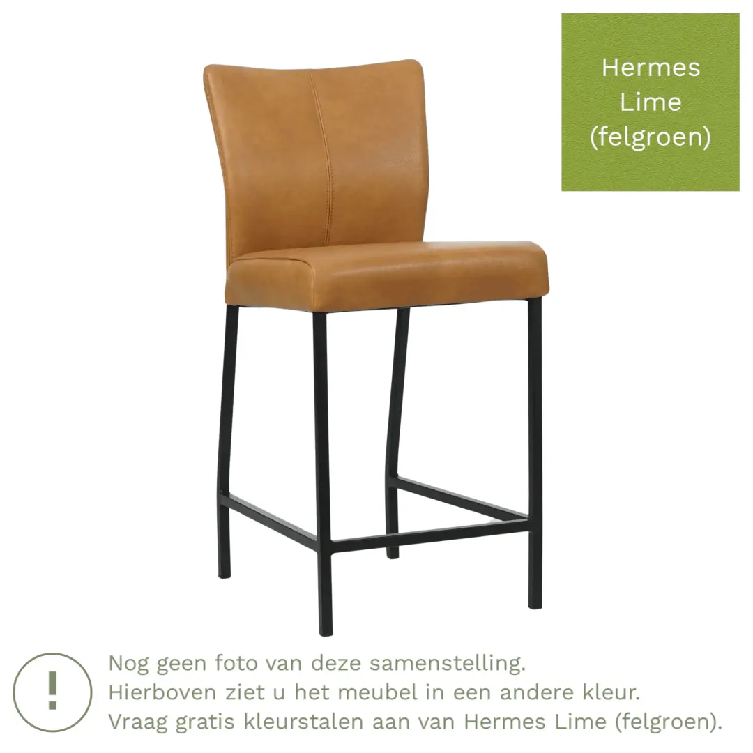 afbeelding van Leren barkruk Revolt laag - Hermes Lime (felgroen) - Poten staal vierkant zwart