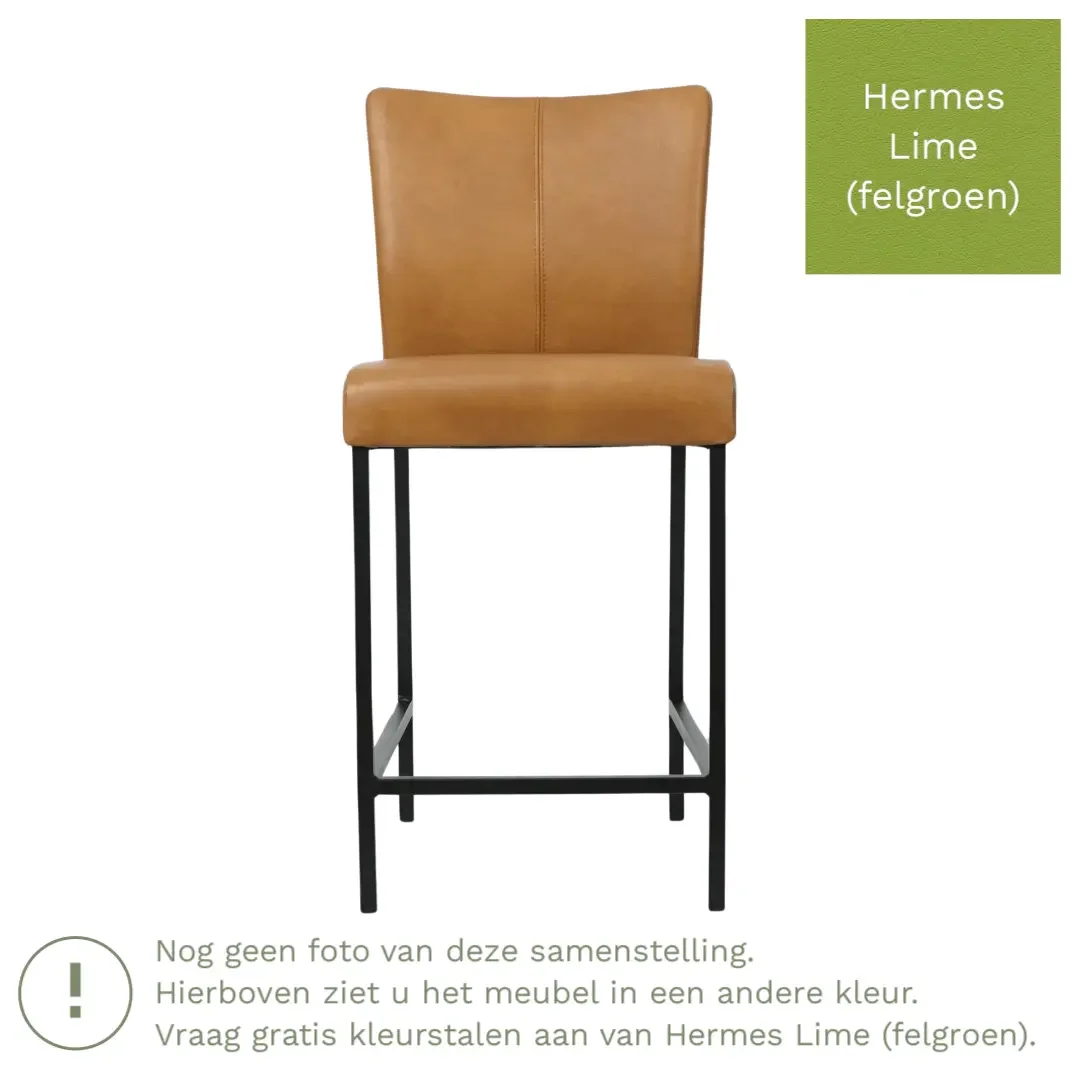 afbeelding van Leren barkruk Revolt laag - Hermes Lime (felgroen) - Poten staal vierkant zwart