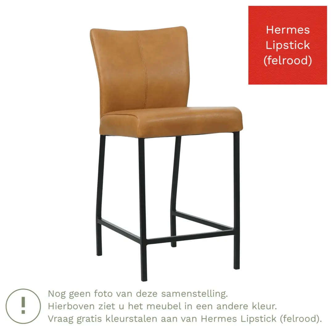 afbeelding van Leren barkruk Revolt laag - Hermes Lipstick (felrood) - Poten staal vierkant zwart