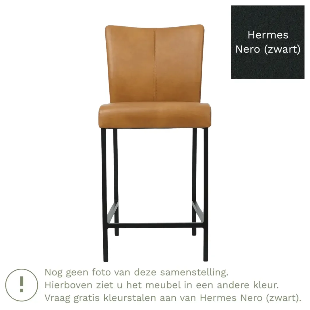 afbeelding van Leren barkruk Revolt laag - Hermes Nero (zwart) - Poten staal vierkant RVS