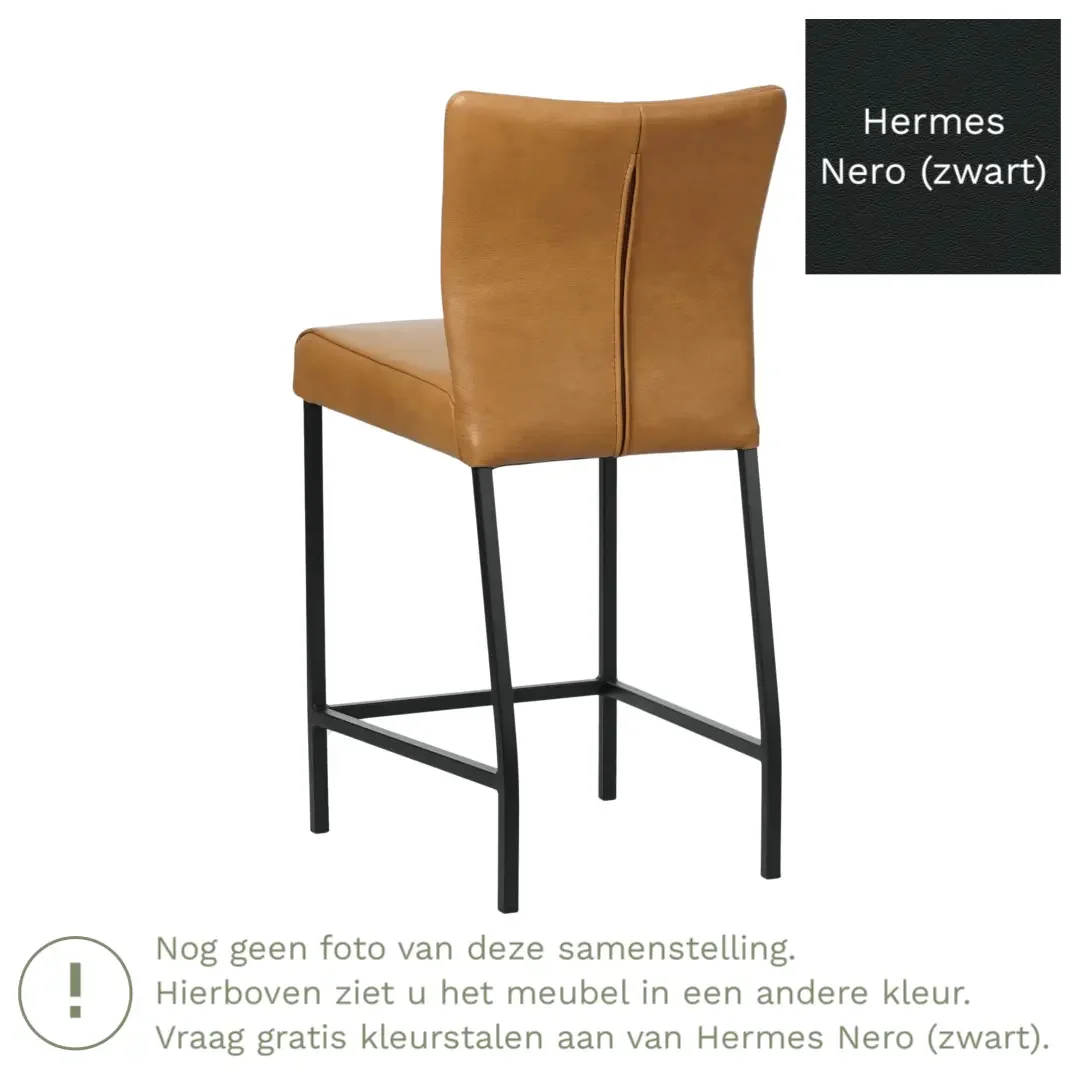 afbeelding van Leren barkruk Revolt laag - Hermes Nero (zwart) - Poten staal vierkant RVS