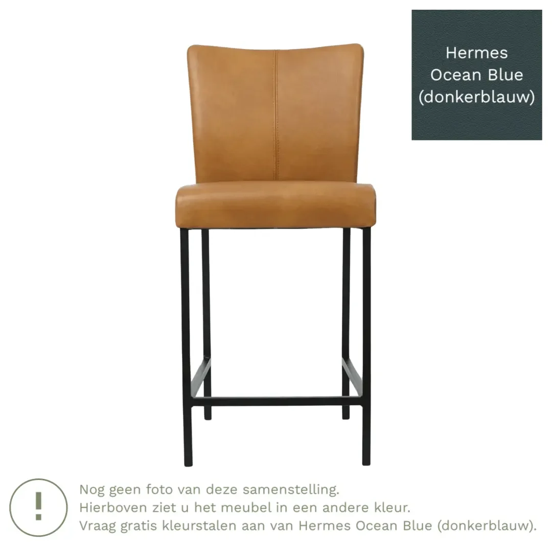 afbeelding van Leren barkruk Revolt laag - Hermes Ocean Blue (donkerblauw) - Poten staal vierkant RVS