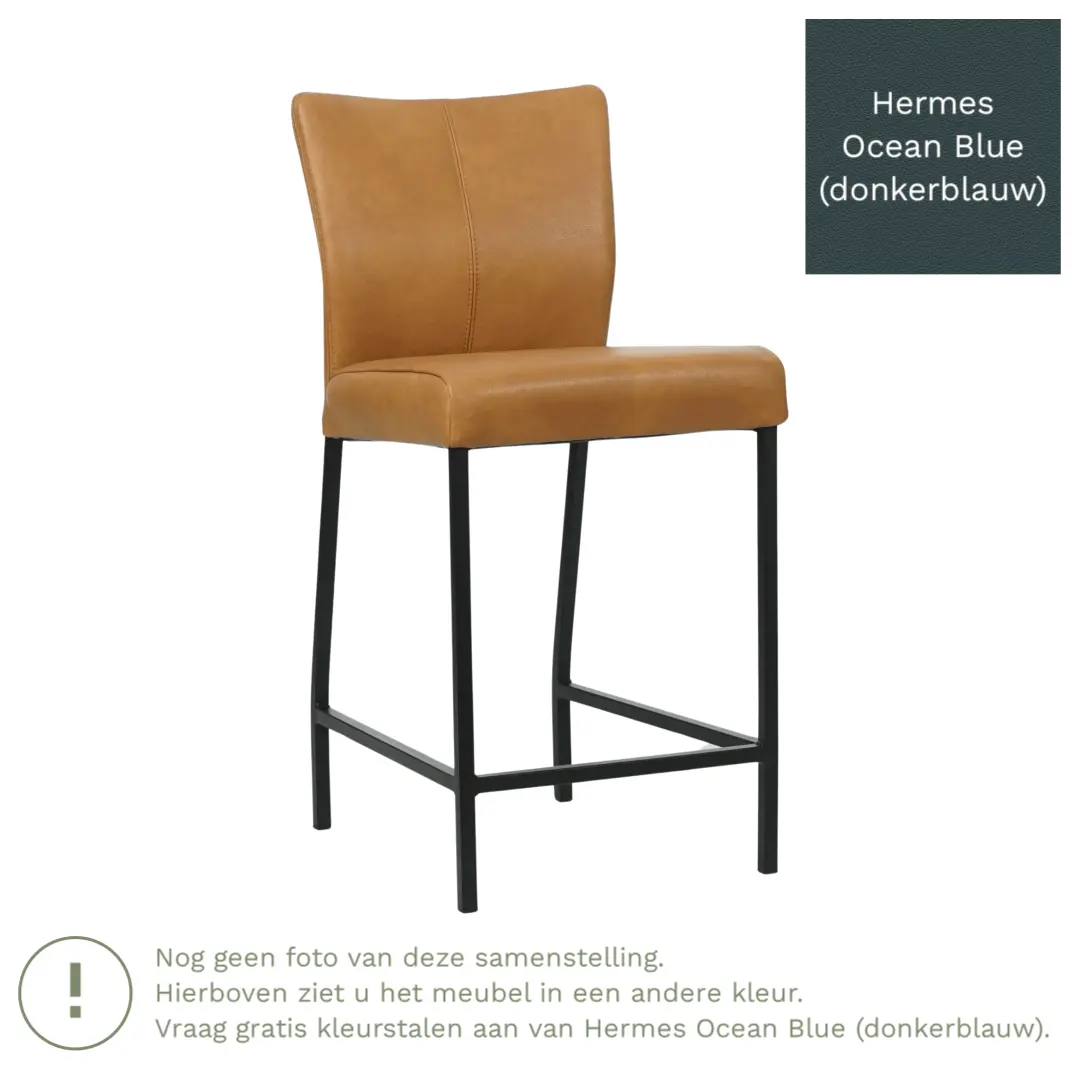 afbeelding van Leren barkruk Revolt laag - Hermes Ocean Blue (donkerblauw) - Poten staal vierkant zwart