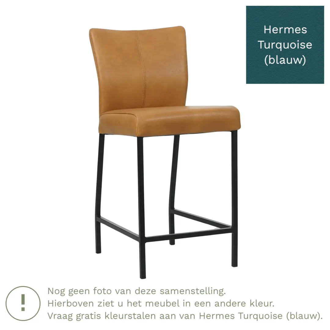 afbeelding van Leren barkruk Revolt laag - Hermes Turquoise (blauw) - Poten staal vierkant zwart