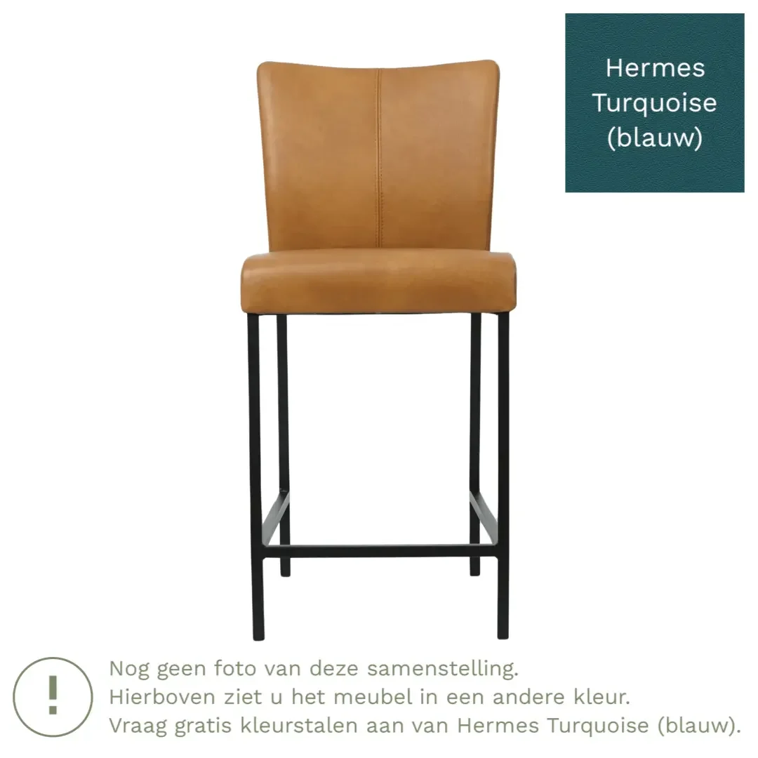 afbeelding van Leren barkruk Revolt laag - Hermes Turquoise (blauw) - Poten staal vierkant zwart