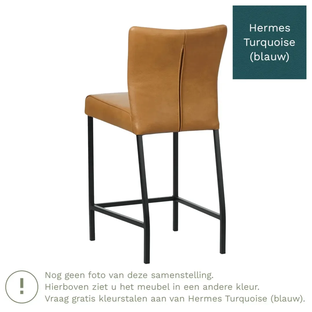 afbeelding van Leren barkruk Revolt laag - Hermes Turquoise (blauw) - Poten staal vierkant zwart