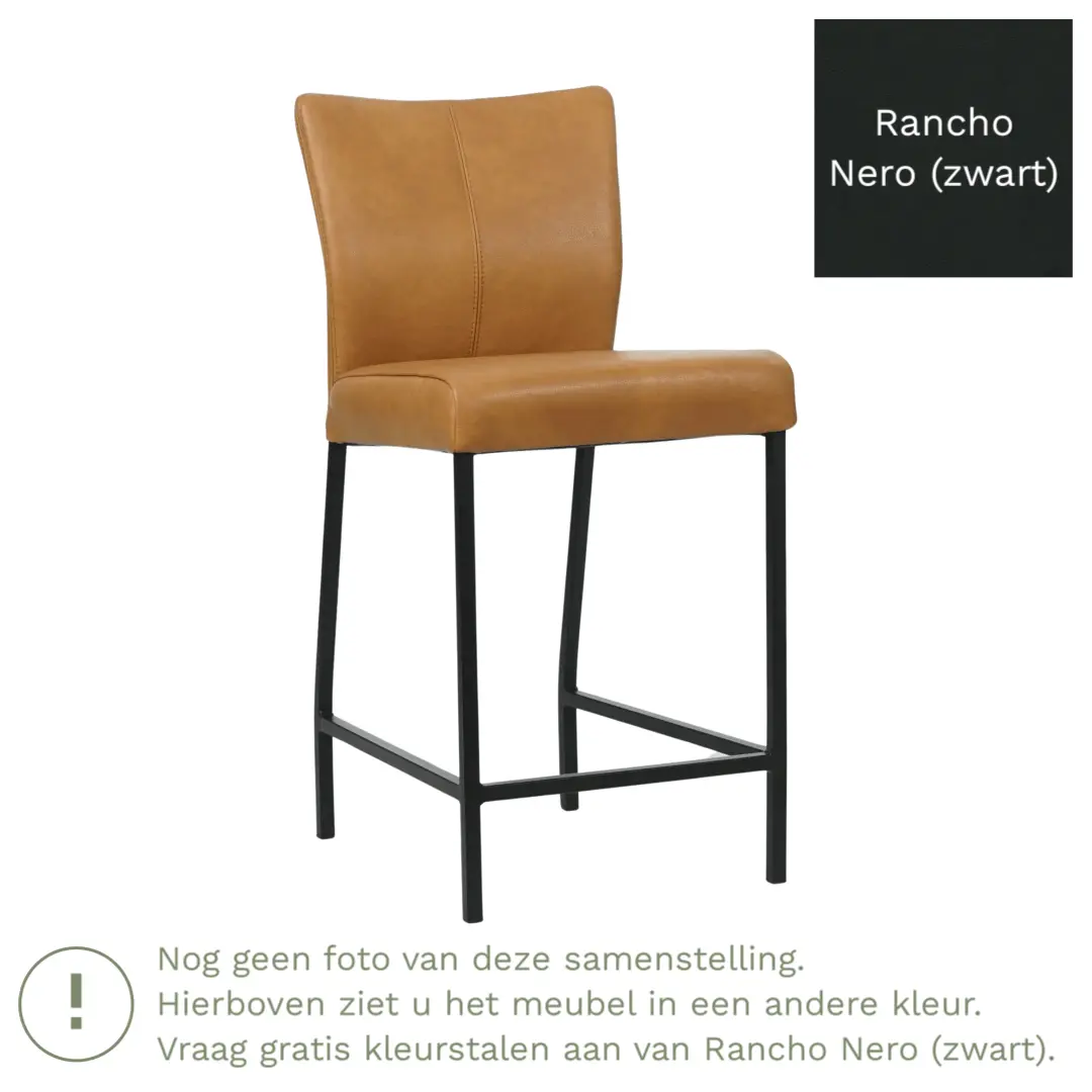 afbeelding van Leren barkruk Revolt laag - Rancho Nero (zwart) - Poten staal vierkant RVS