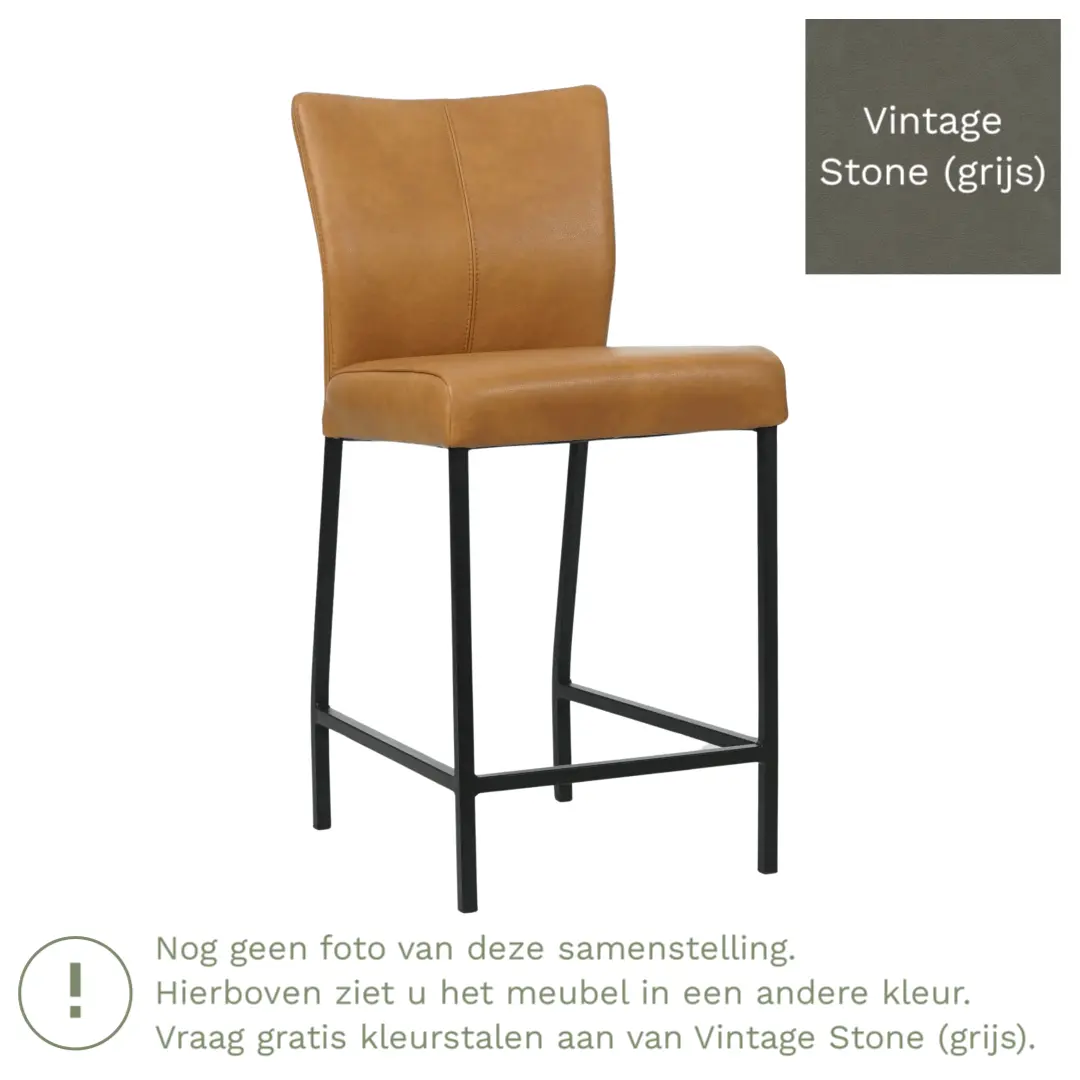 afbeelding van Leren barkruk Revolt laag - Vintage Stone (grijs) - Poten staal vierkant zwart