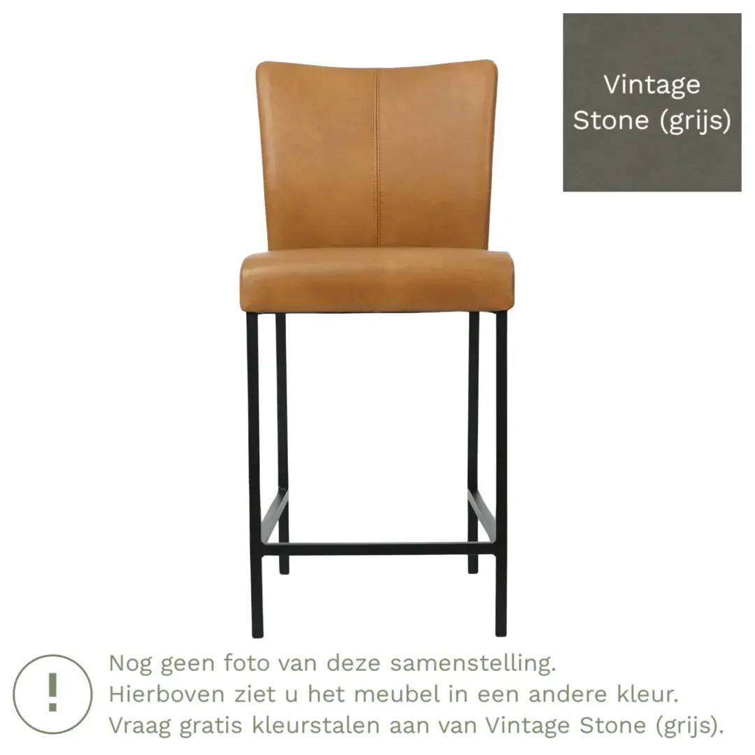afbeelding van Leren barkruk Revolt laag - Vintage Stone (grijs) - Poten staal vierkant zwart