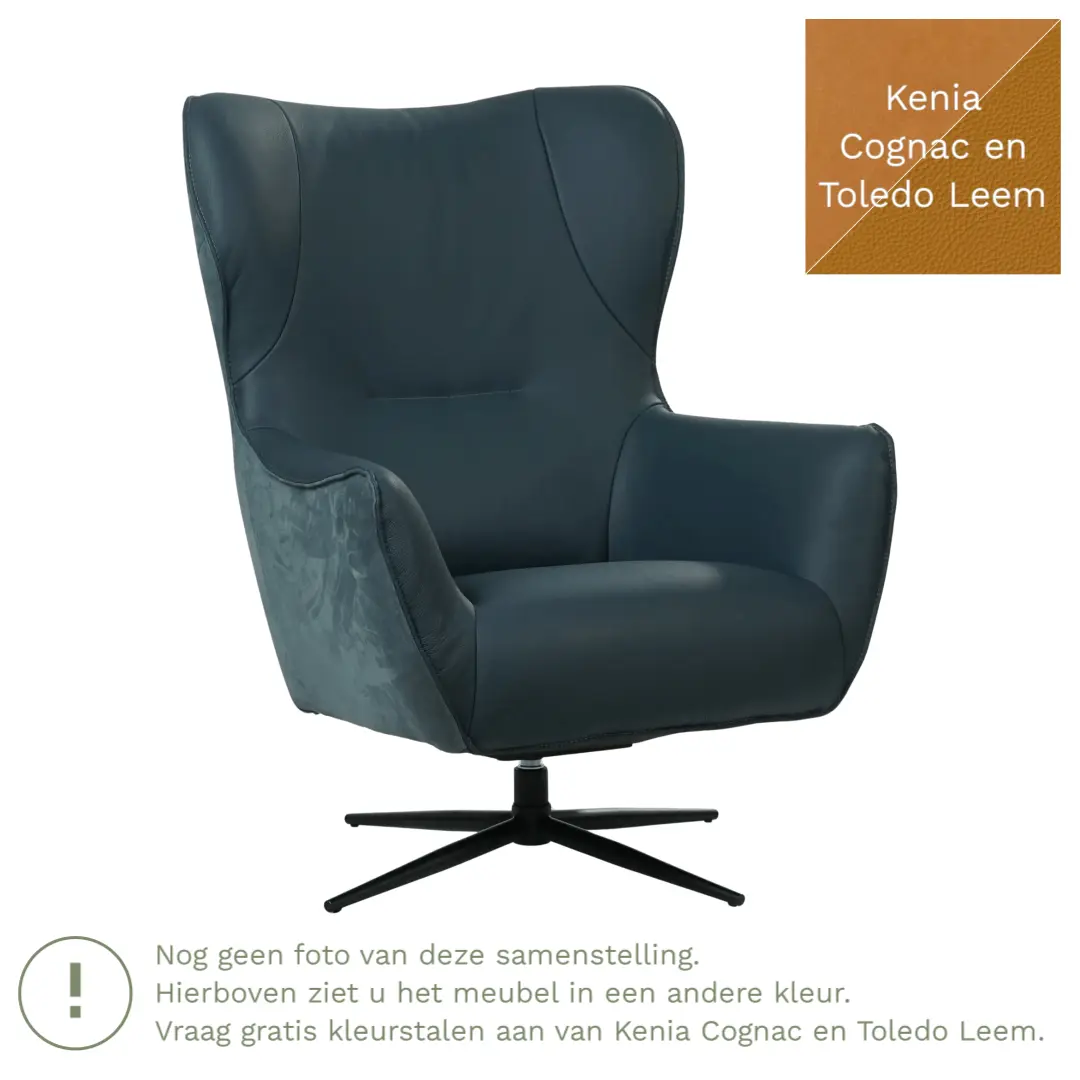 afbeelding van Leren draaifauteuil Leaf Duo - Kenia Cognac en Toledo Leem - Stervoet zwart