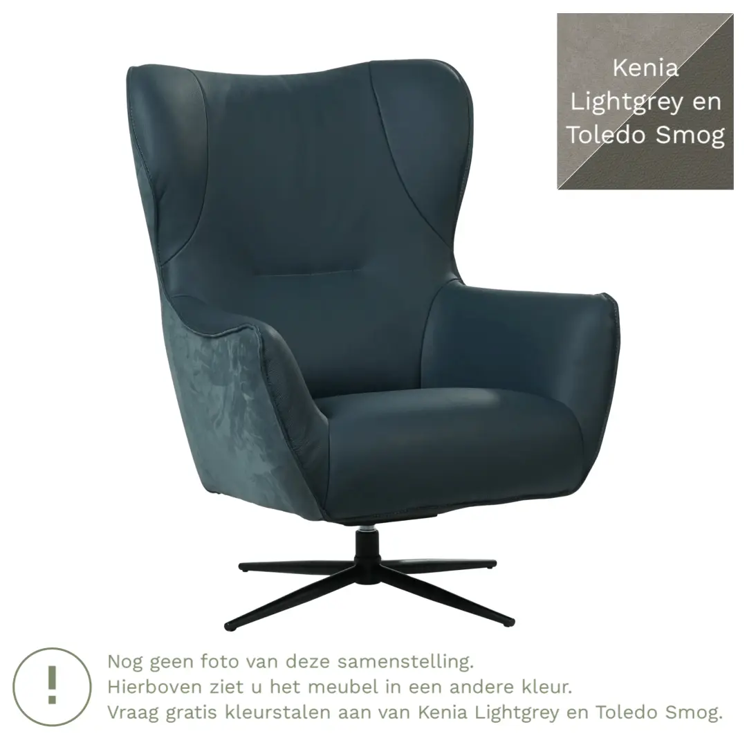 afbeelding van Leren draaifauteuil Leaf Duo - Kenia Lightgrey en Toledo Smog - Stervoet zwart